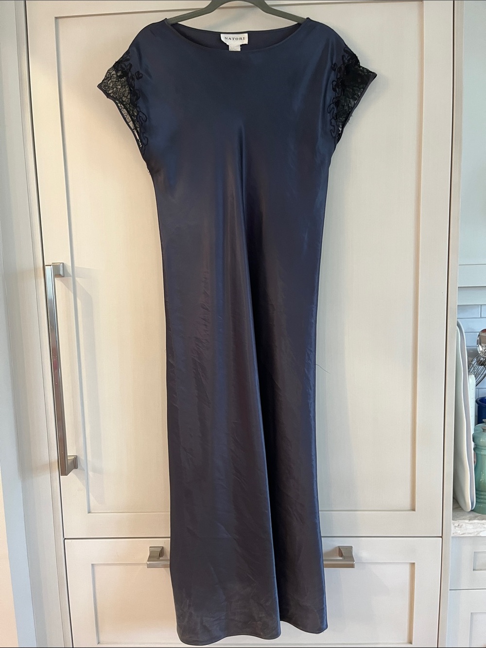 Natori Silver grey Satin Maxi Length Loungewear with Black Lace Cap Sleeves